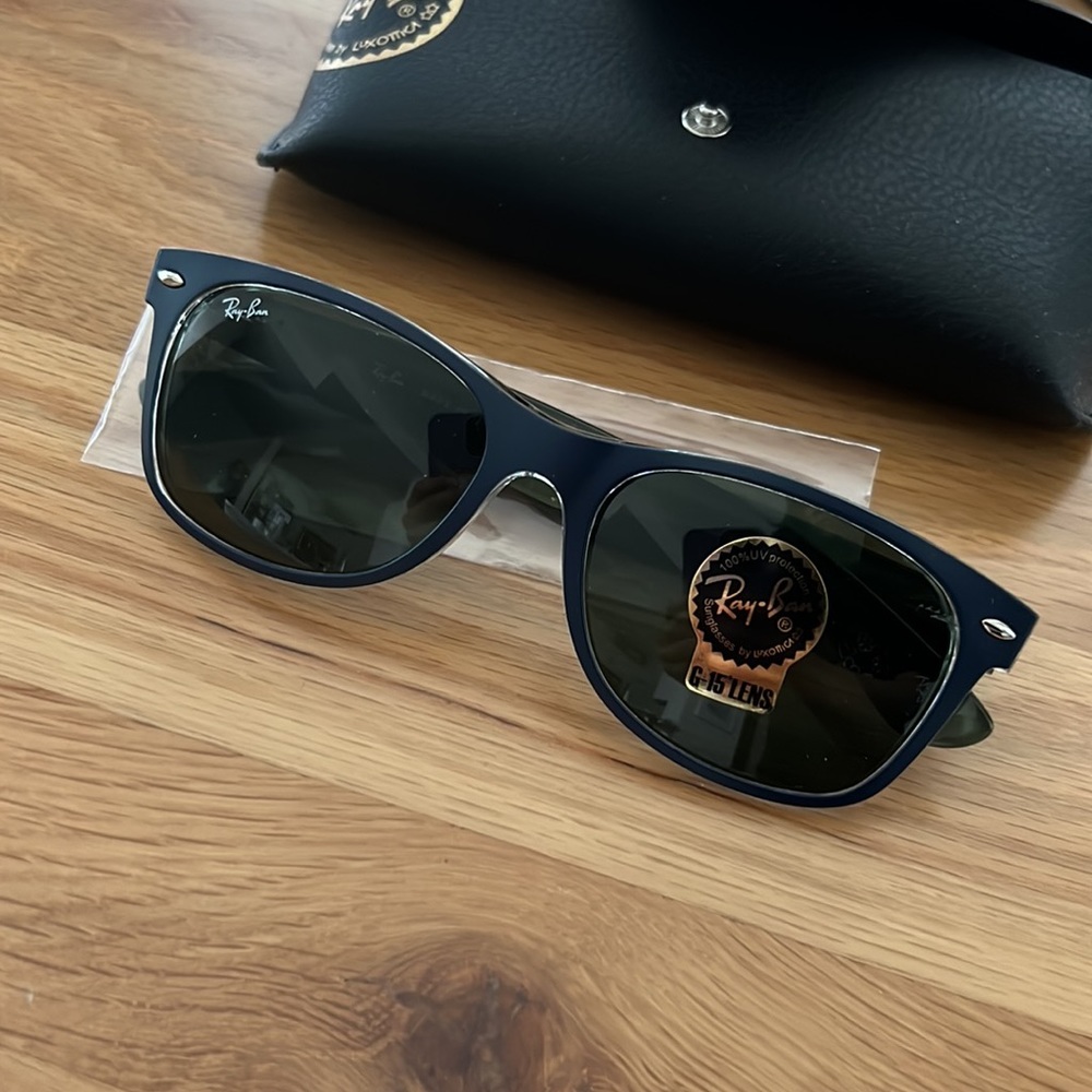 Ray Ban New Wayfarer Sunglasses in Matte Blue on Military Green